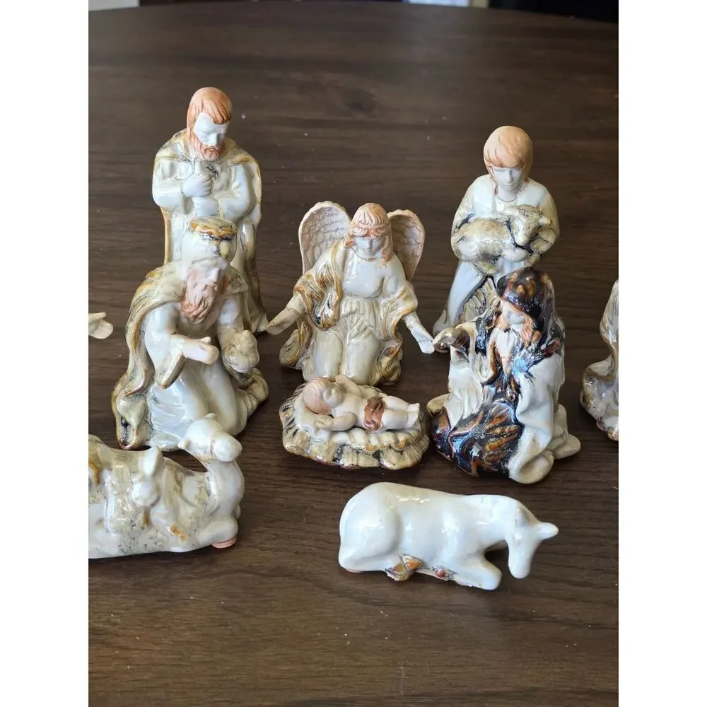 Vintage Nativity Scene Figurines 9-Piece Set Hand-Painted Ceramic Religious Chri